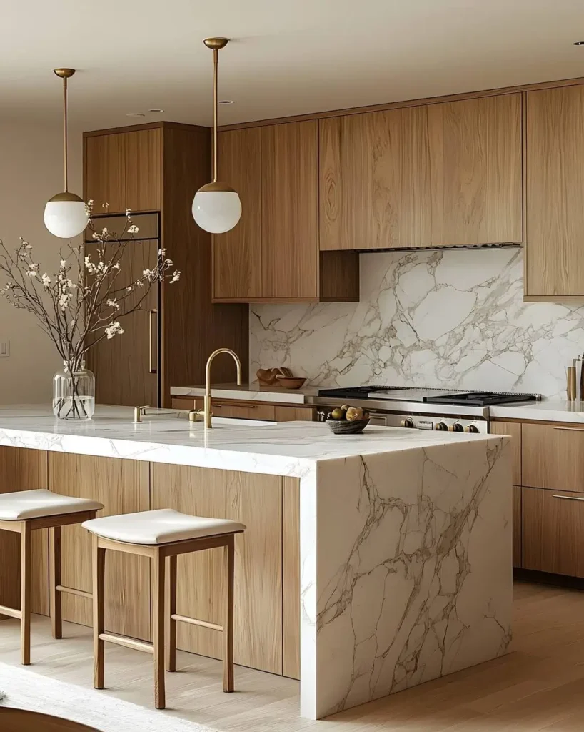 Organic modern kitchen featuring sleek, flat-panel wood cabinetry, a marble-clad island with a waterfall edge, and minimalist brass pendant lights and faucet.