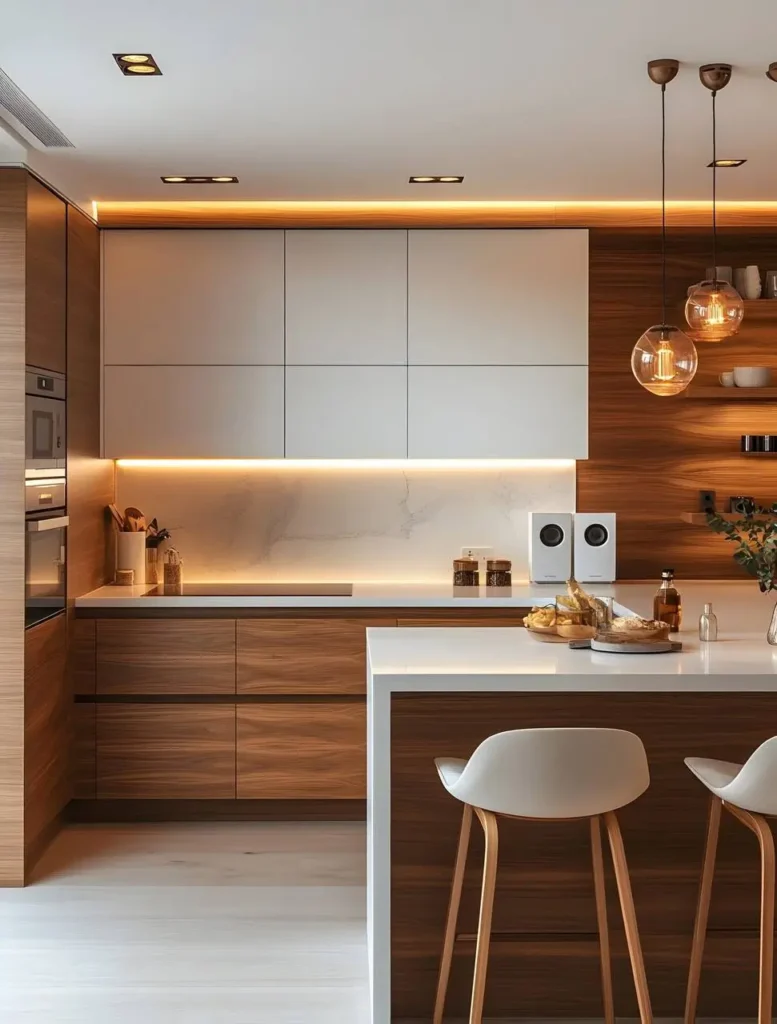 Organic modern kitchen showcasing a mix of textures: smooth white countertops, warm wood-paneled walls, sleek cabinetry, and glass pendant lights.