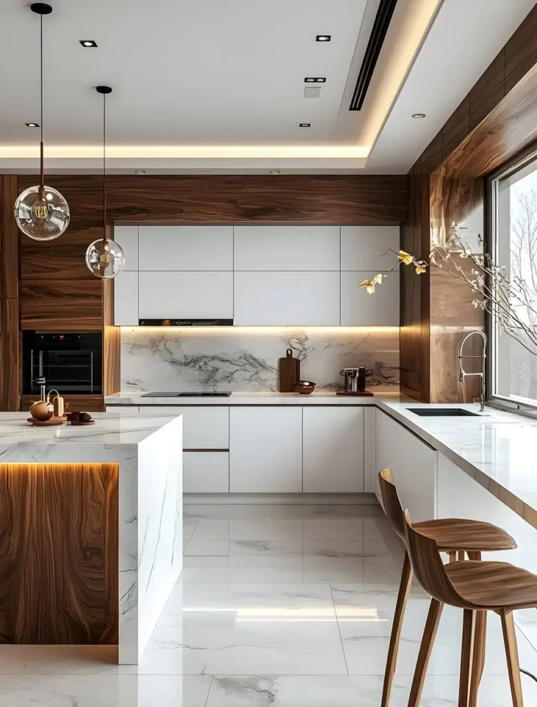 Organic modern kitchen illuminated by a combination of recessed ceiling lights, under-cabinet lighting, and three glass pendant lights over the island.