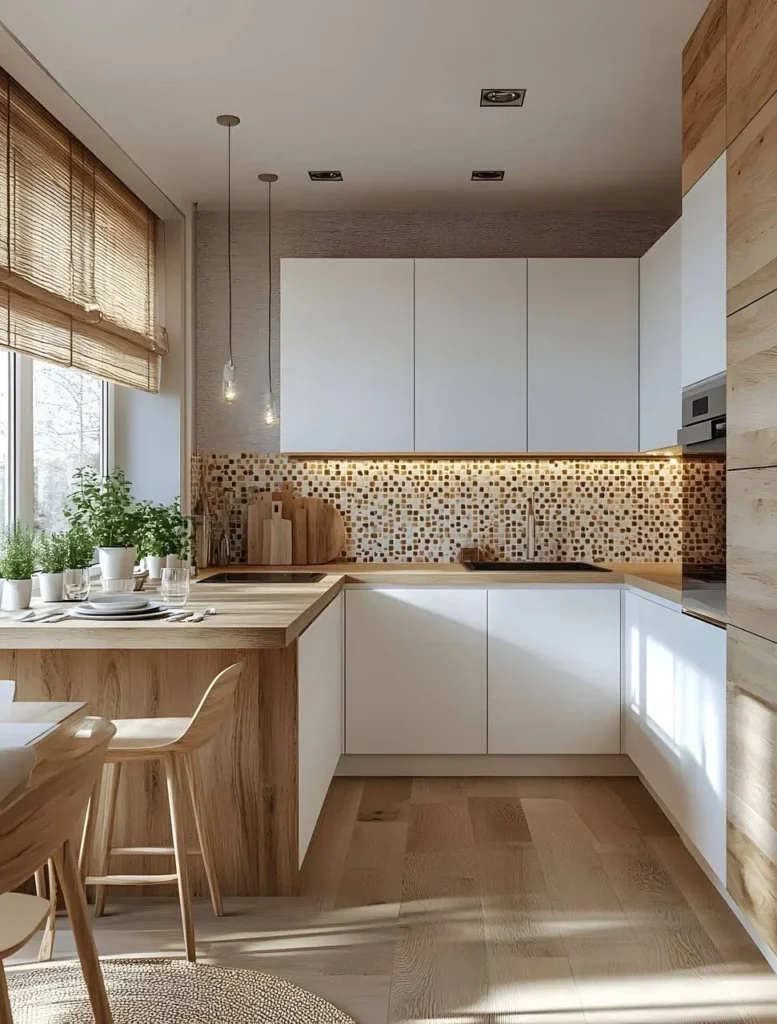 Organic modern kitchen featuring flat-panel white cabinets, a light wood countertop, a multi-colored stone backsplash, and natural fiber window shades.