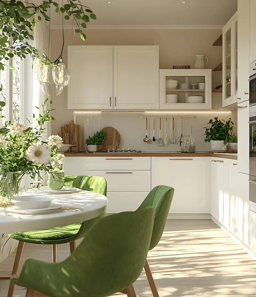 Bright organic modern kitchen with white cabinetry, light wood floors, and numerous potted plants, including a large leafy plant and hanging vines.