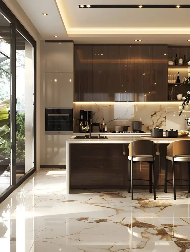 Modern organic kitchen with large-format, light-colored floor tiles with subtle veining, dark wood cabinetry, a white countertop, and large sliding glass doors.