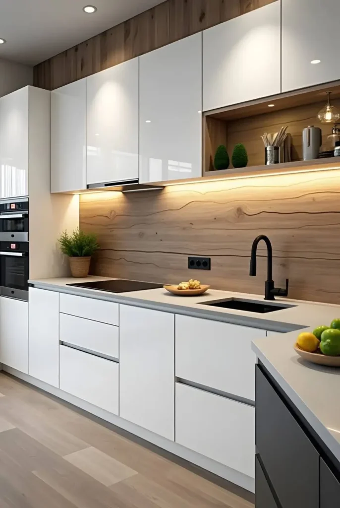 Organic modern kitchen featuring sleek, white cabinetry with integrated handles, a light wood backsplash, a black faucet, and a gray countertop.