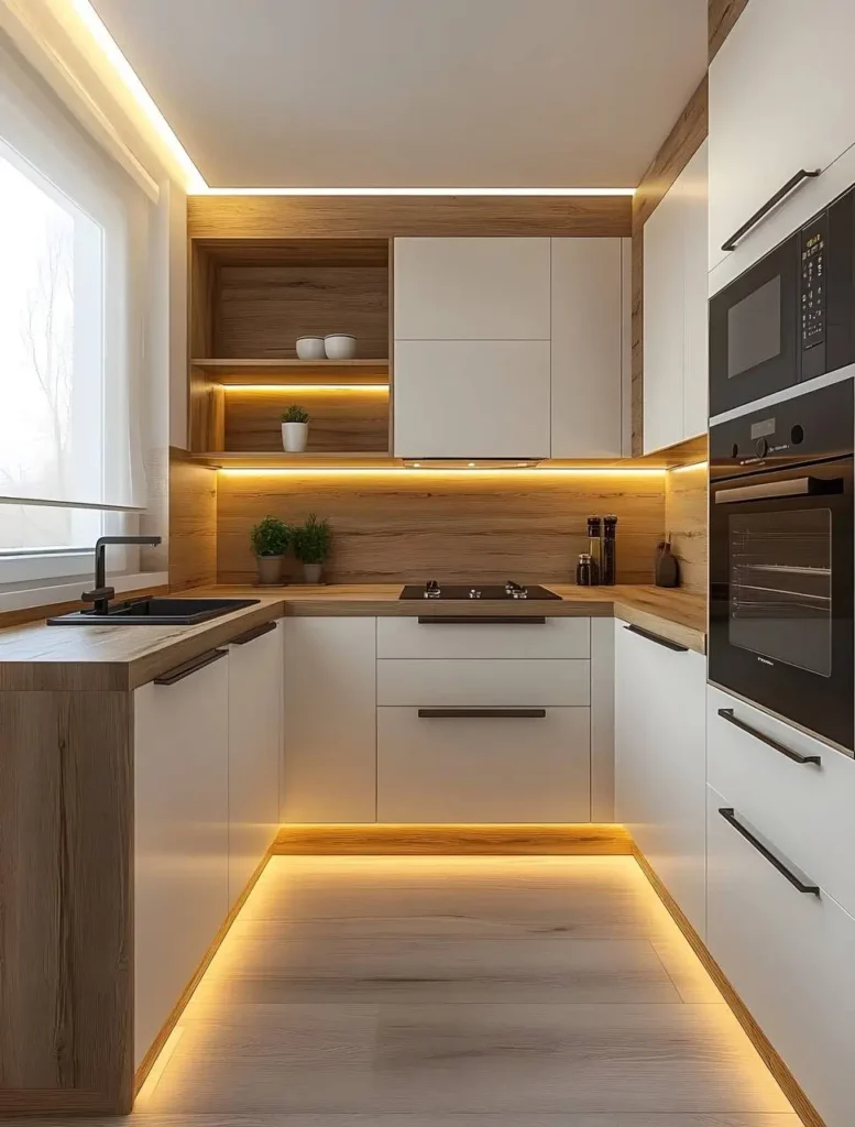 Organic modern kitchen featuring light wood countertops, white cabinetry, a light wood backsplash, and under-cabinet lighting along the walls and baseboards.