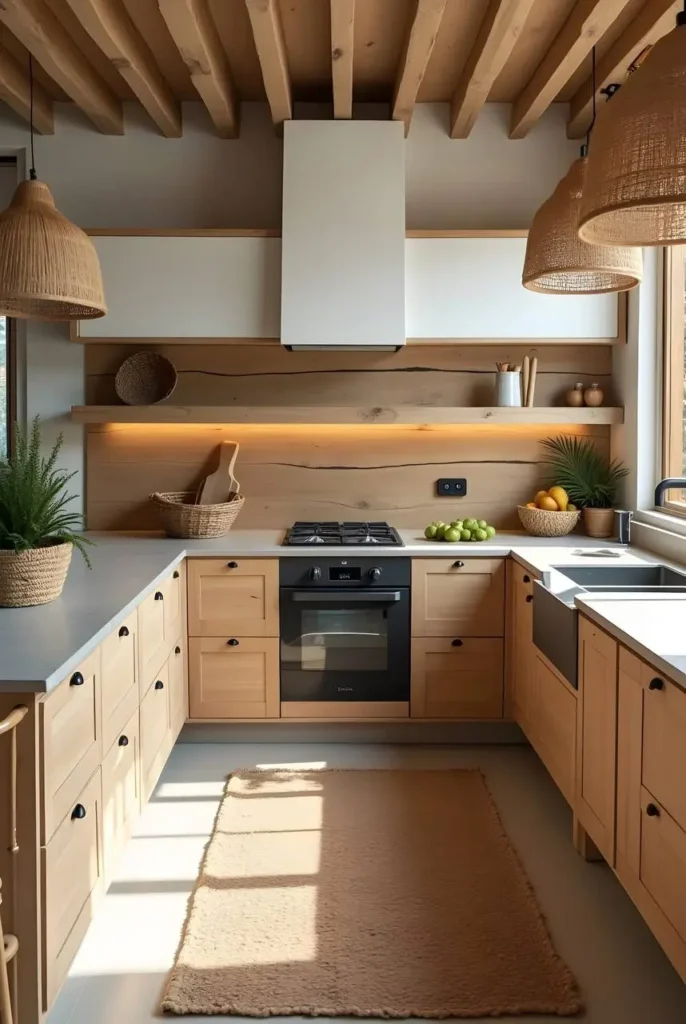 Organic modern kitchen with light wood cabinetry, a light-colored countertop, a light wood backsplash, exposed wood ceiling beams, and woven pendant lights.