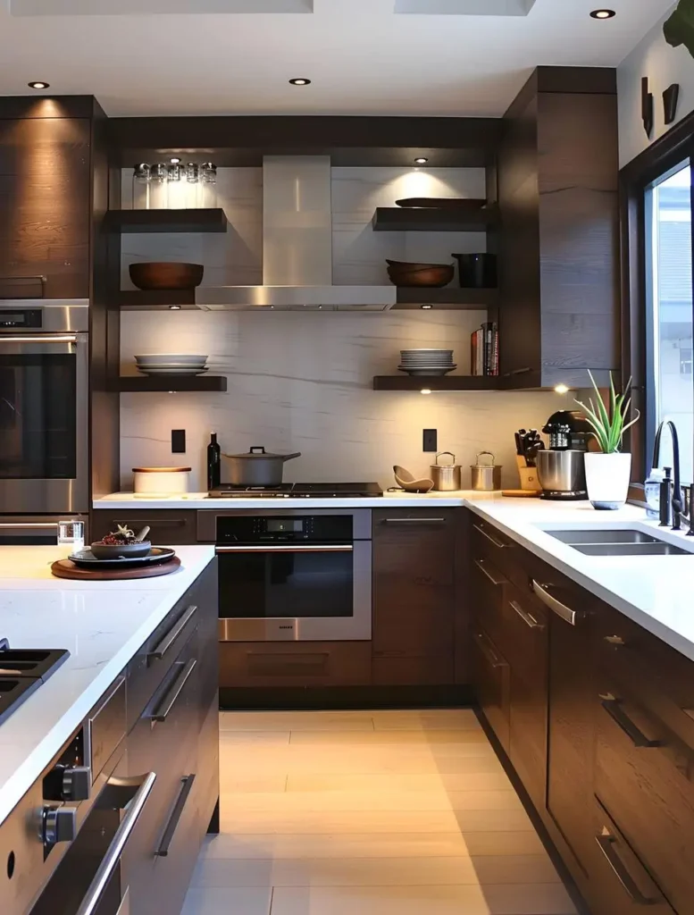 Organic modern kitchen featuring dark wood cabinetry, a white countertop, and a combination of closed cabinets and open shelves displaying dishes and decorative items.