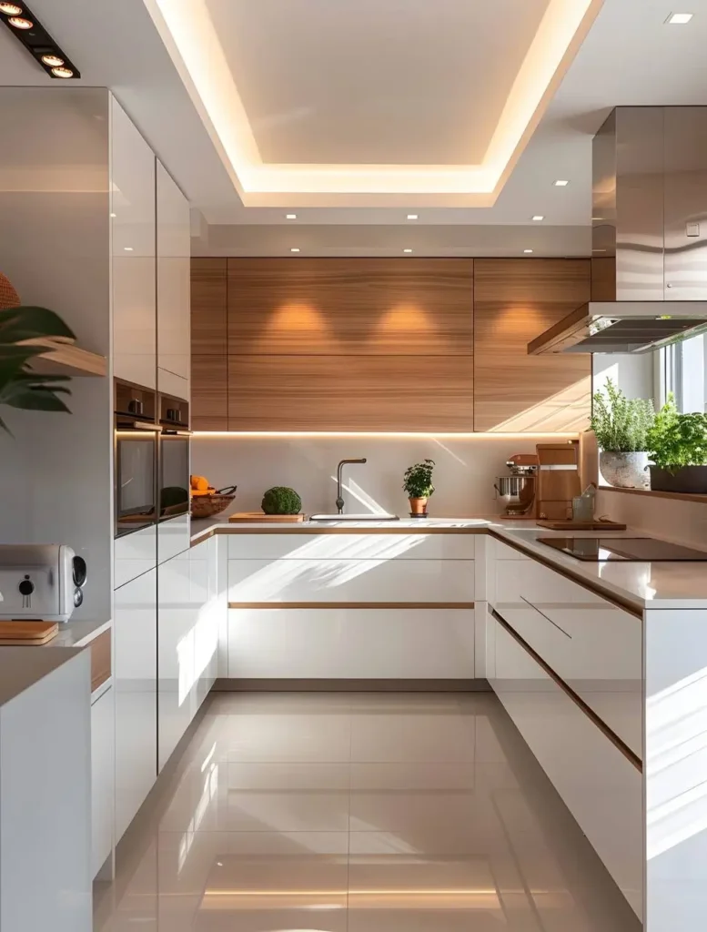 Organic modern kitchen with white and wood cabinetry, a white countertop, glossy light-colored floor tiles, and under-cabinet lighting. Minimal accessories are present.