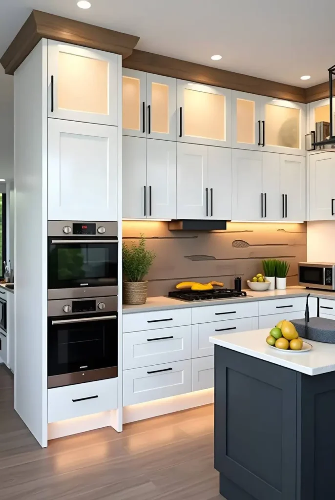 Organic modern kitchen featuring white cabinetry with black hardware, a light wood backsplash, a light-colored countertop, under cabinet lighting and a dark gray island.