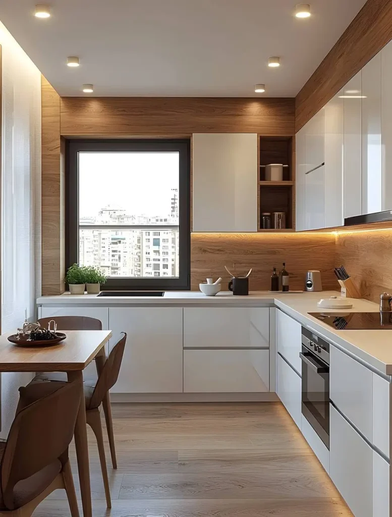 Organic modern kitchen with light wood flooring, white cabinetry, a light wood backsplash, white countertops, and a large window providing natural light.