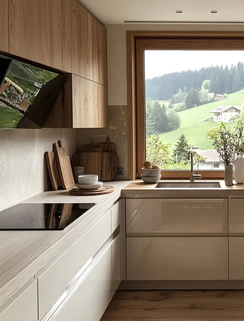 Organic modern kitchen with light wood cabinetry and flooring, a light-colored countertop, and a large window offering a view of a green landscape.