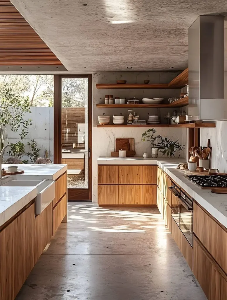 Organic modern kitchen featuring wood cabinetry, a concrete floor, a white countertop, open shelving, and a large glass door leading to an outdoor area.