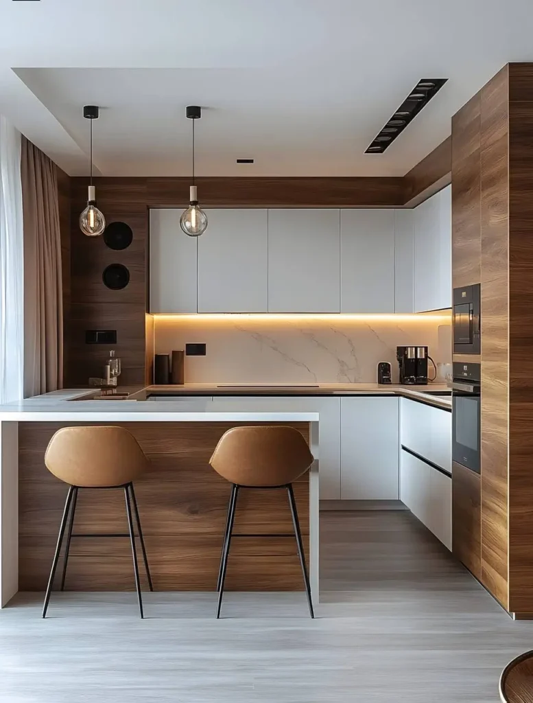 Organic modern kitchen with white and wood cabinetry, a white countertop, a marble backsplash, under-cabinet lighting, and two bar stools with brown leather seats.