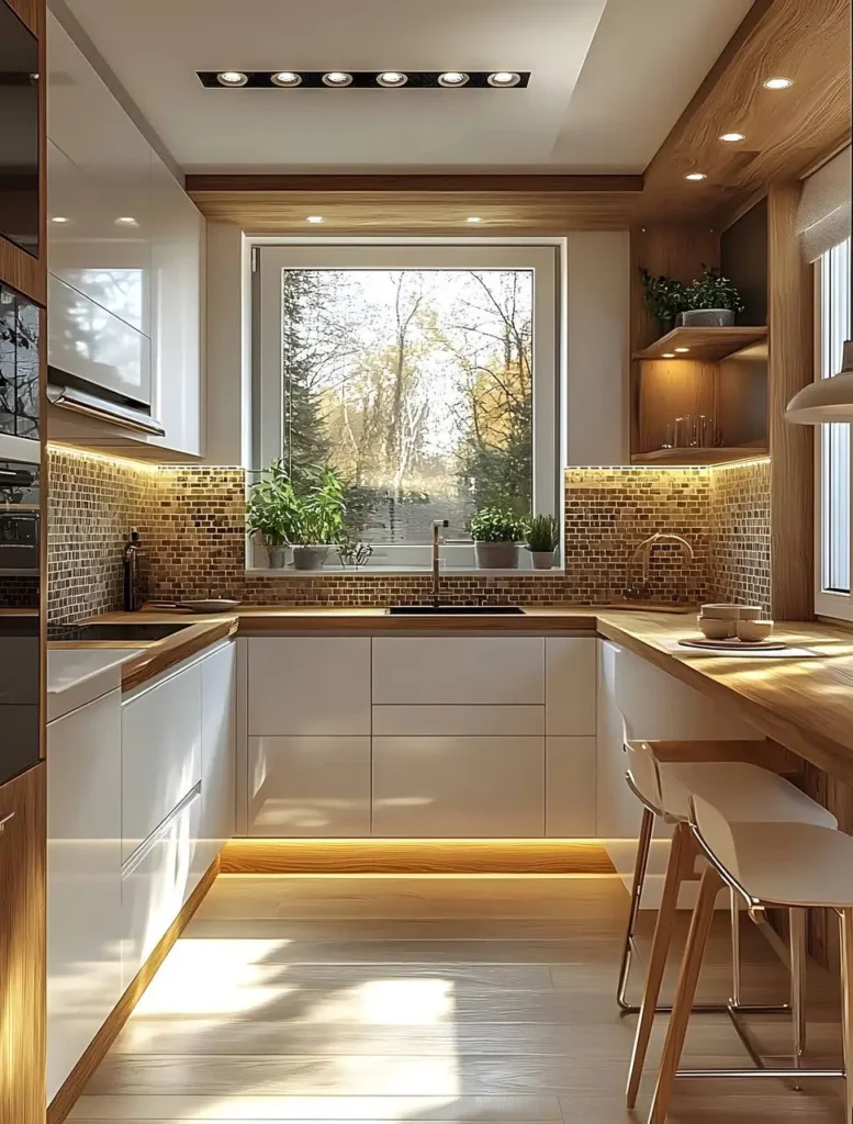 White cabinets reach to the ceiling with under cabinet lighting. A medium-toned wood countertop and a mosaic backsplash with earth tones.