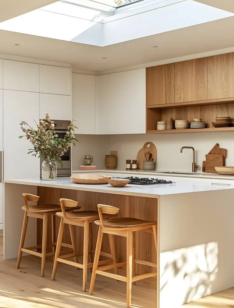 Organic modern kitchen featuring a large skylight, white and light wood cabinetry, a white island countertop, and light wood flooring.