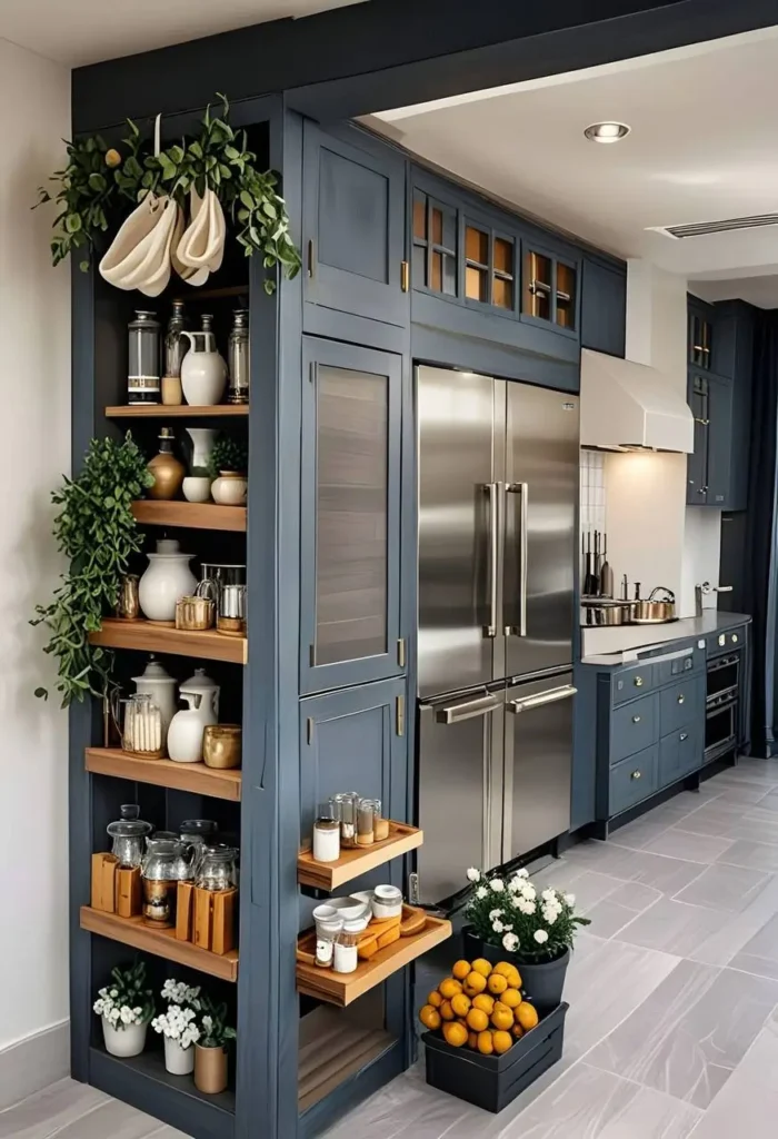 Kitchen with tall, dark blue-gray cabinets, open shelving with decorative items and jars, a stainless steel refrigerator, and light gray tile flooring. Potted plants add greenery.