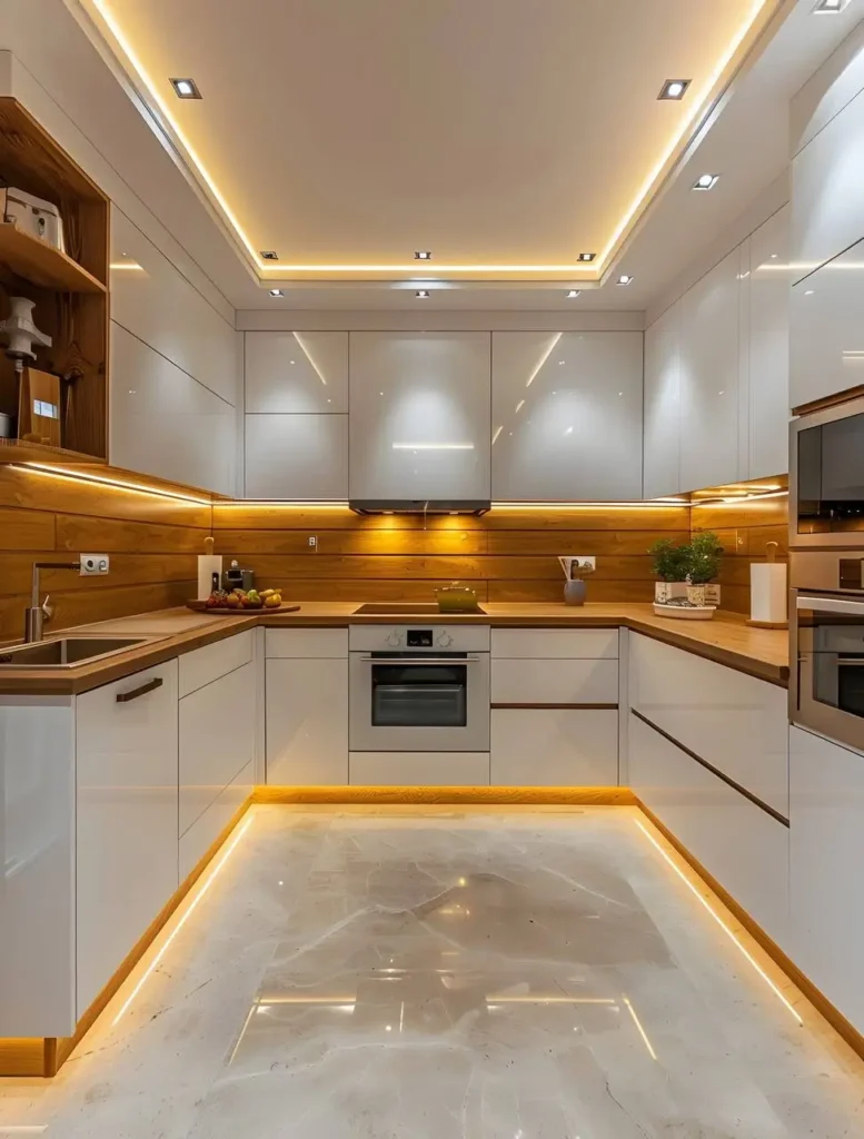 White kitchen cabinets extend to meet the ceiling. Under-cabinet lighting and toe-kick lighting are installed. The countertops are wood, while the floor is a shiny light tile.