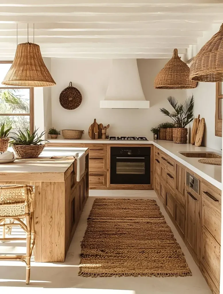 Organic modern kitchen with light wood cabinets, light countertops and woven pendant lights and a runner rug. Plants in woven baskets add extra texture.