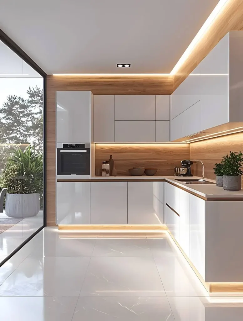 Modern kitchen featuring white glossy cabinets and a wood backsplash, with toe-kick and under-cabinet lighting highlighting the white glossy floor.