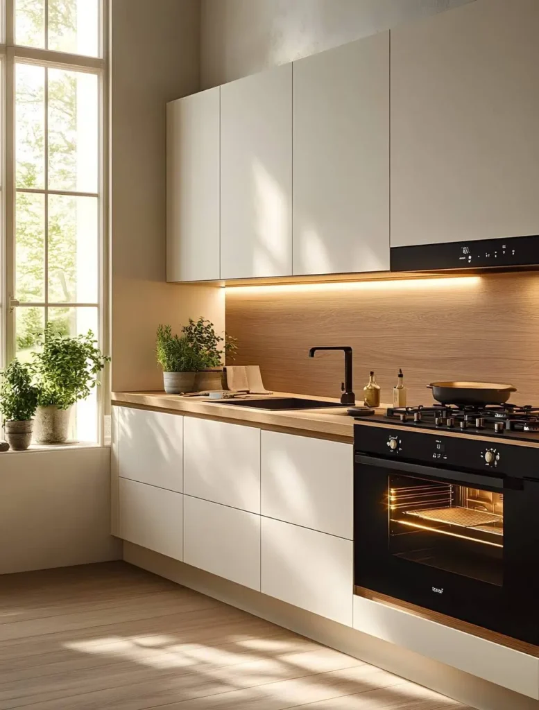 Modern kitchen with matte white cabinets, a wood countertop and backsplash, and a black faucet and oven. Natural light streams in from a large window.