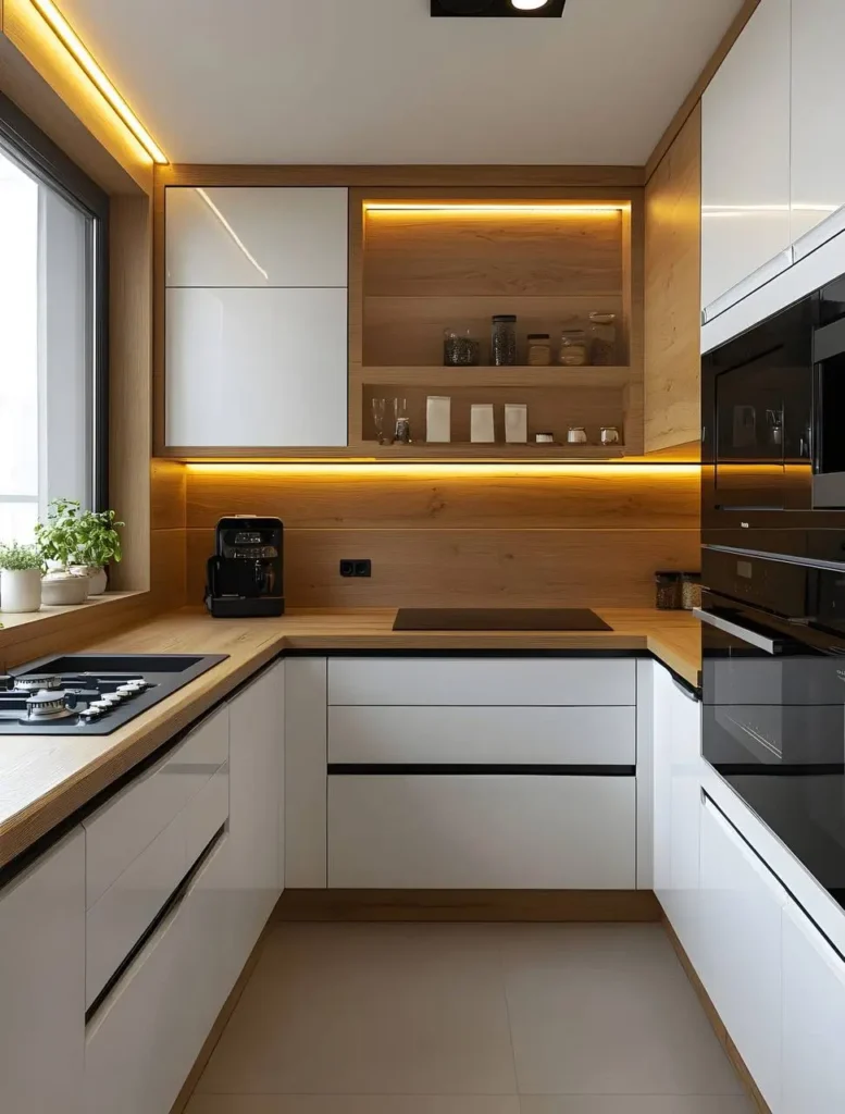 Organic modern kitchen featuring white lower cabinets, a wood countertop, a wood backsplash with open shelving, and under-cabinet lighting.