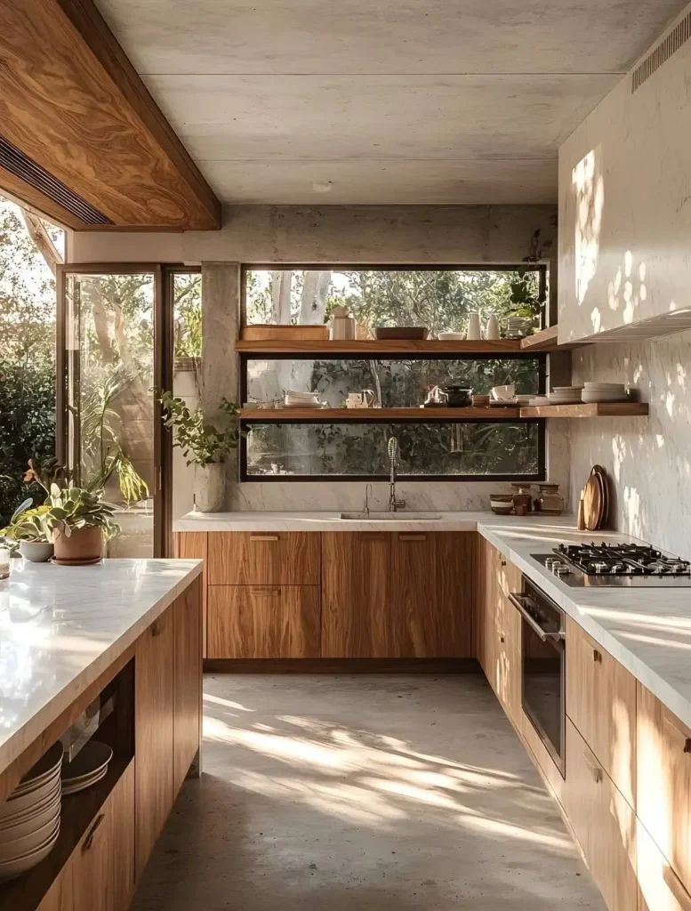 Kitchen showcases wood cabinetry and shelving, white countertops, concrete floors and abundant natural light from several windows.