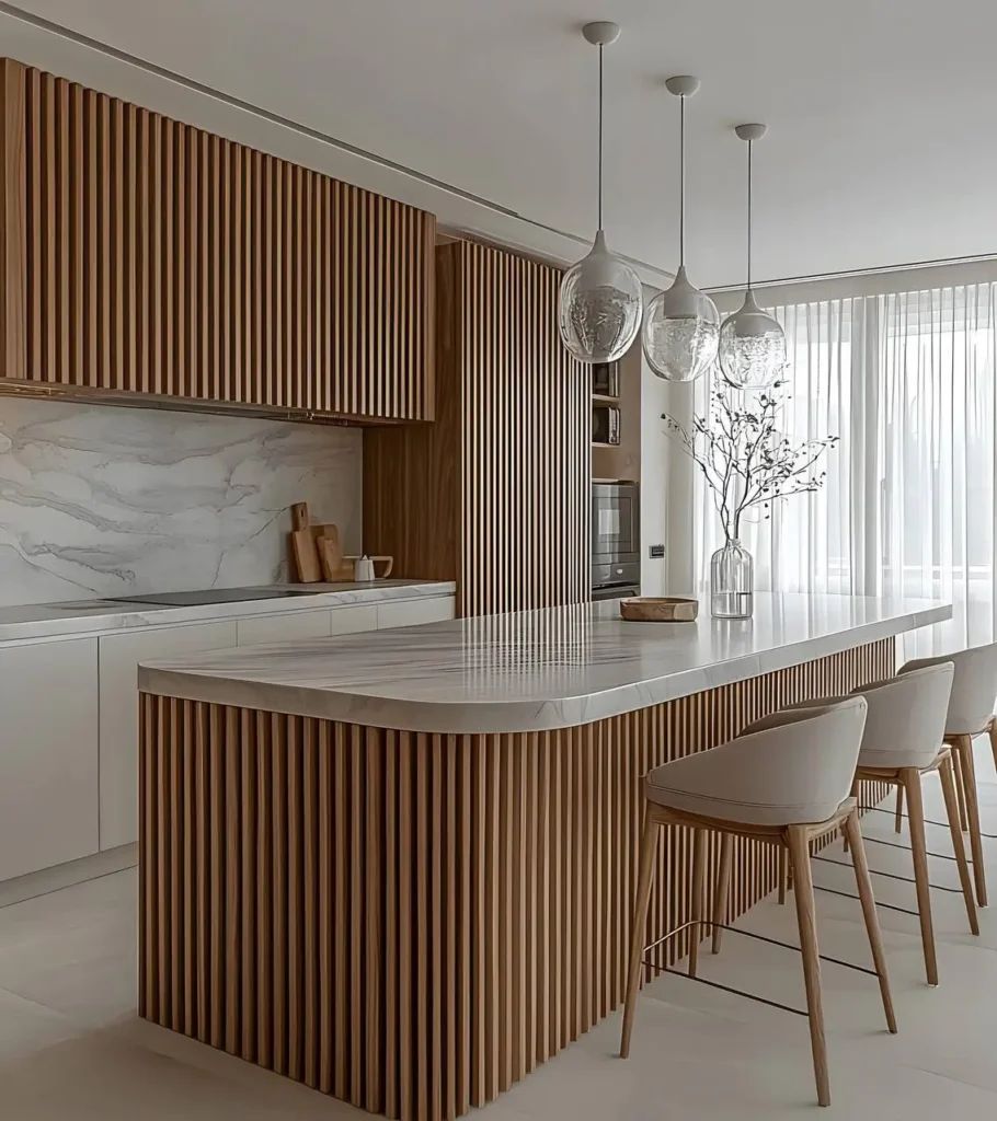 Modern kitchen featuring an island and overhead cabinets with vertical wood slats, a marble backsplash and countertop, and three minimalist pendant lights.