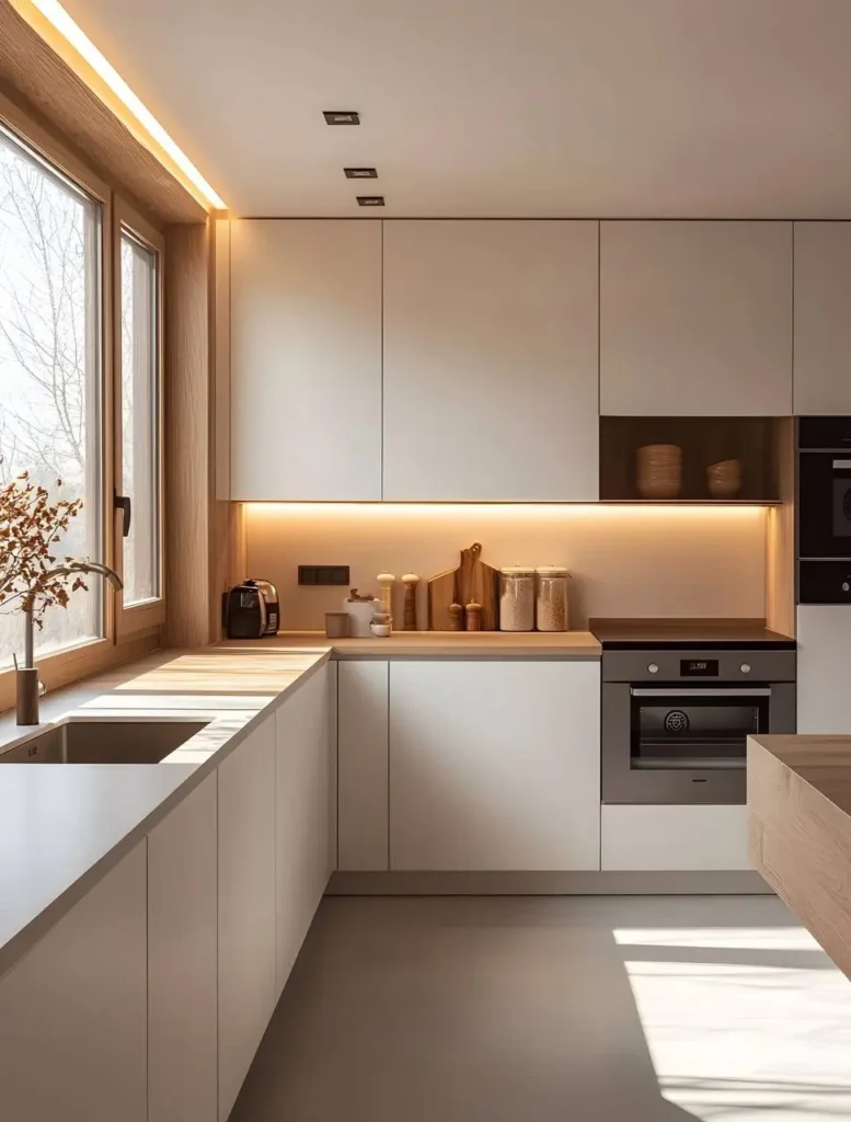 Modern organic kitchen featuring sleek white cabinetry with integrated handles, under cabinet lighting, a wood countertop and window trim, and a dark oven and faucet.