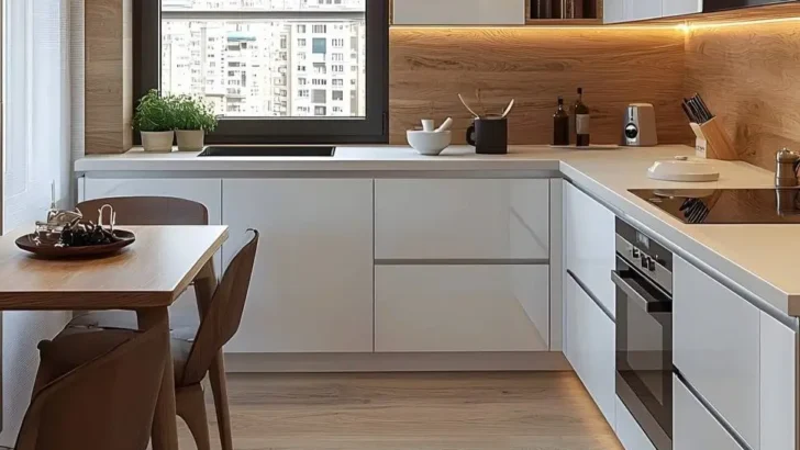 Modern kitchen with white glossy cabinets, a wood backsplash, white countertops, and light wood-look flooring. A small dining table and chairs are adjacent.