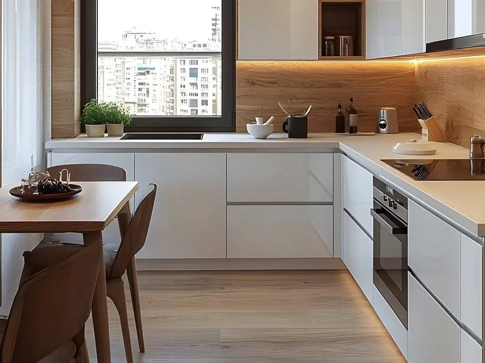 Modern kitchen with white glossy cabinets, a wood backsplash, white countertops, and light wood-look flooring. A small dining table and chairs are adjacent.