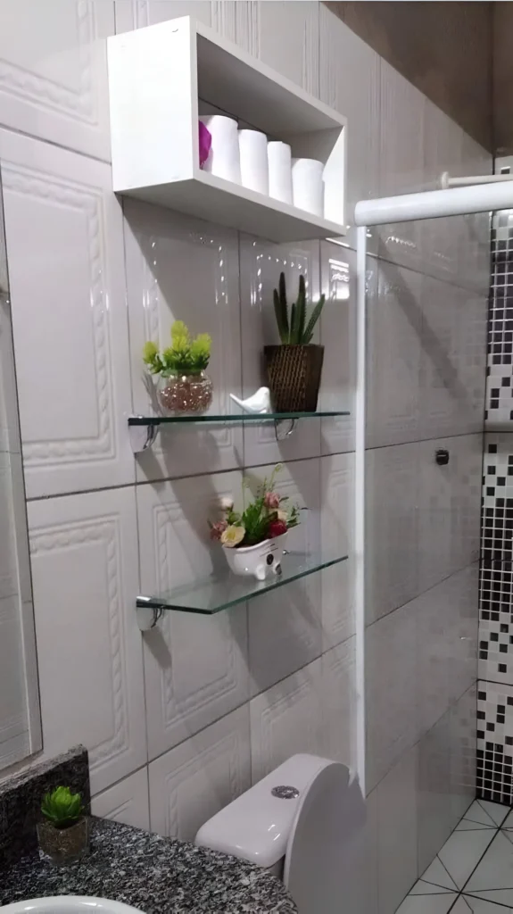 Bathroom wall with a white enclosed cabinet shelf mounted above two glass shelves; the cabinet holds toilet paper, and the glass shelves display plants and decorative items.