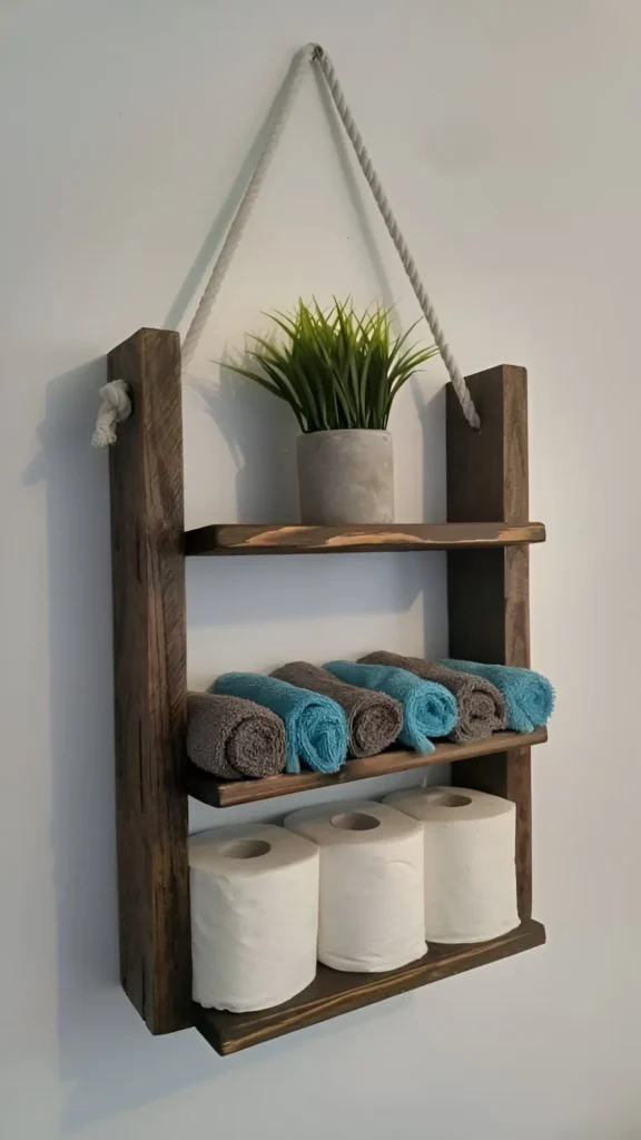 Three-tiered wooden shelf hanging from a thick rope, mounted on a white wall; the shelves hold rolled towels, toilet paper, and a small potted plant.