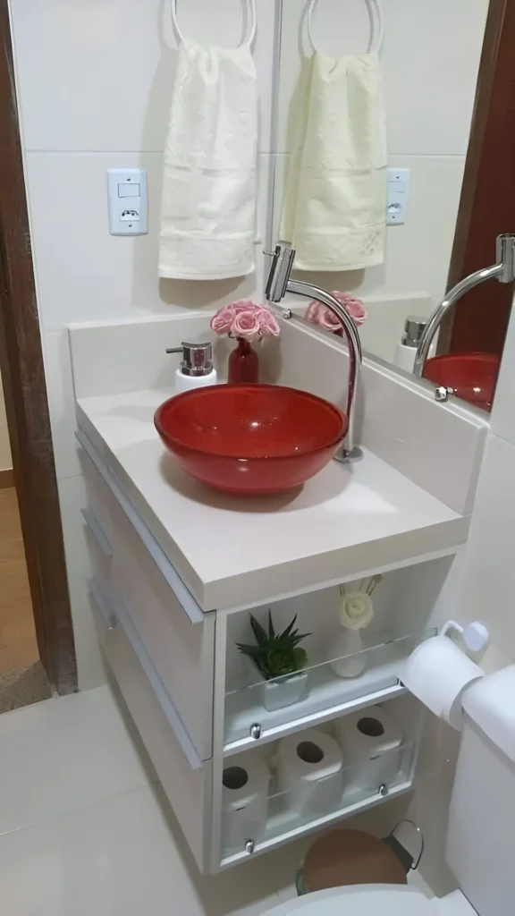 Wall-mounted white vanity with a red vessel sink; the vanity has drawers on one side and open shelving with clear acrylic dividers on the other, holding toilet paper and a small plant.