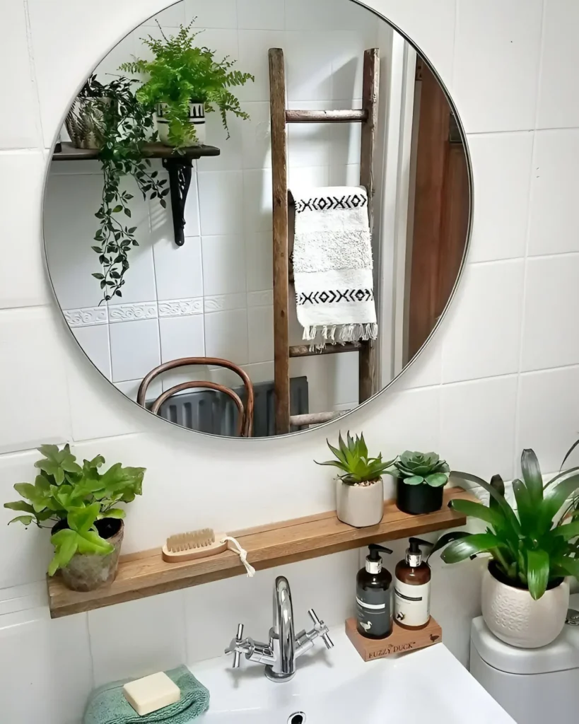 Wooden leaning ladder used as a towel rack in a bathroom, with a patterned towel hanging on one rung; a large round mirror is above a sink with a wooden shelf holding plants.