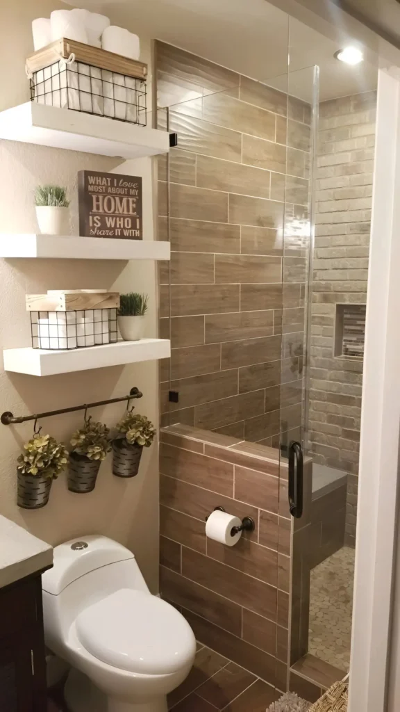 Small bathroom with multiple white floating shelves above a toilet; shelves hold baskets with toiletries and a sign; a rod below the shelves holds three small hanging planters.