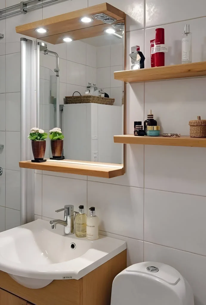 Bathroom mirror with integrated wooden shelves on one side and built-in lights above; shelves hold toiletries and small decorative items; a white sink and vanity are below.