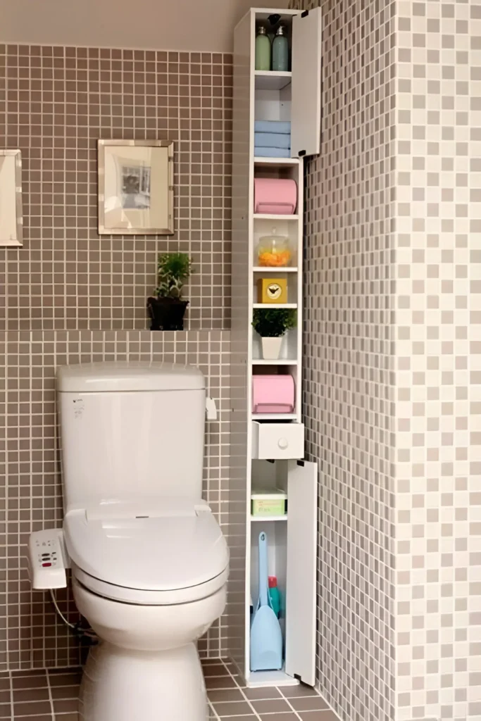 Tall, narrow white cabinet with doors and open shelves placed next to a toilet; shelves hold towels, toiletries, cleaning supplies, and a small plant.