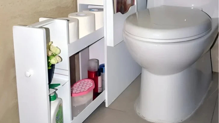 Slim white rolling cart with multiple shelves tucked beside a toilet, holding toilet paper, toiletries, cleaning supplies, and a small plant. Small Bathroom Storage Ideas