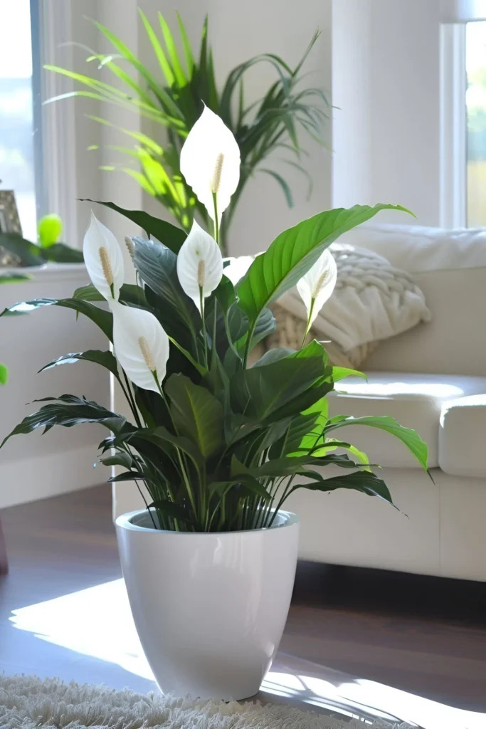 A healthy Peace Lily plant in a white pot, showcasing several white flowers and dark green leaves.