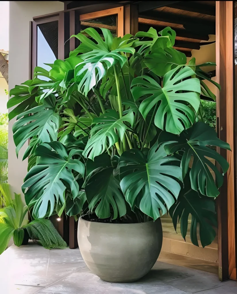 A large Monstera deliciosa in a rounded, textured gray pot, placed near a doorway.