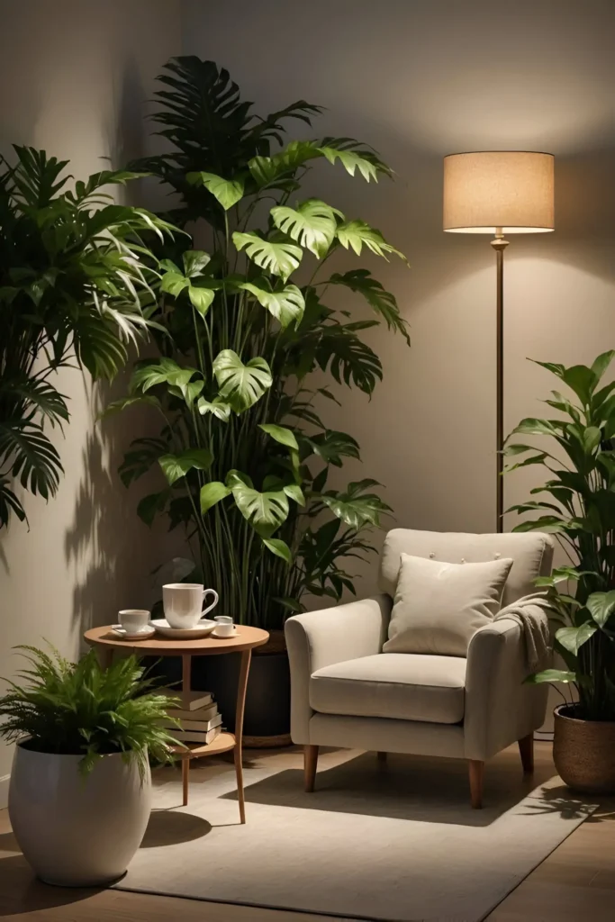 A cozy reading corner with a comfortable armchair, surrounded by various houseplants including a large Monstera, creating a warm and inviting atmosphere.