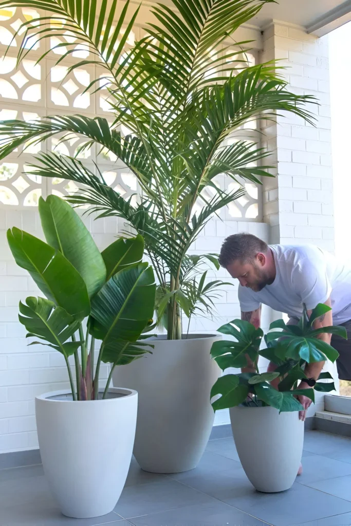 A grouping of three indoor plants – Areca Palm, Bird of Paradise, and Monstera – in matching gray pots, creating a layered, tropical effect.