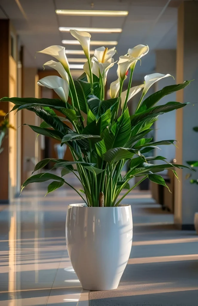 A Calla Lily plant in a white pot, showcasing several white, trumpet-shaped flowers and bright green leaves, positioned in a brightly lit hallway.