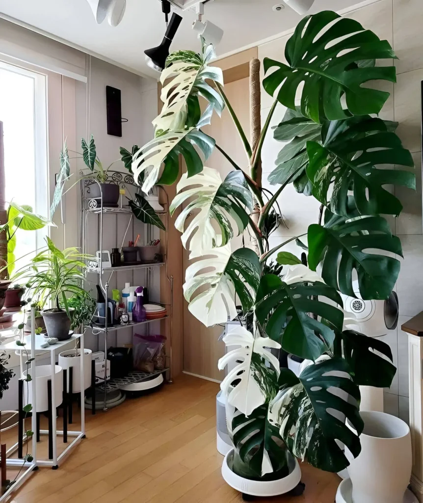 A large, variegated Monstera deliciosa 'Albo Variegata' with dramatic white and green leaves, supported by a pole, in a home interior.