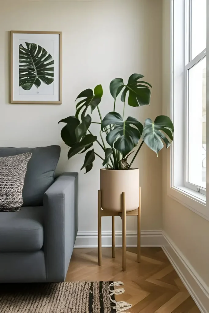 A medium-sized Monstera deliciosa in a light-colored pot on a wooden stand, integrated into a minimalist living room design.