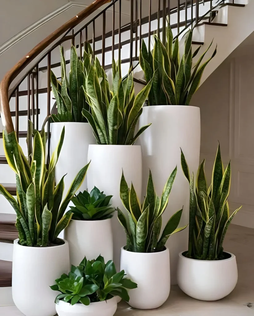 A collection of Sansevieria trifasciata 'Laurentii' (Snake Plants) in varying sizes of white pots, grouped together near a staircase, with some small succulents.