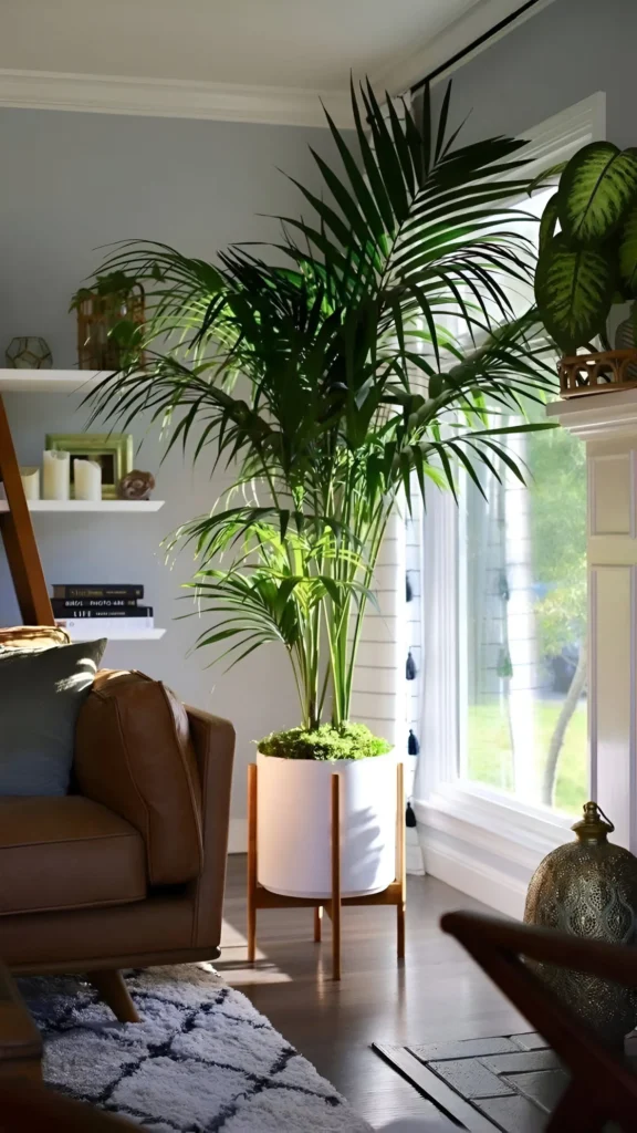 A Kentia Palm (Howea forsteriana) in a white pot on a wooden plant stand, positioned in a living room near a window and sofa.