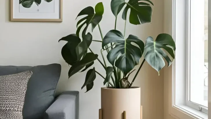 A medium-sized Monstera deliciosa in a light-colored pot on a wooden stand, integrated into a minimalist living room design.