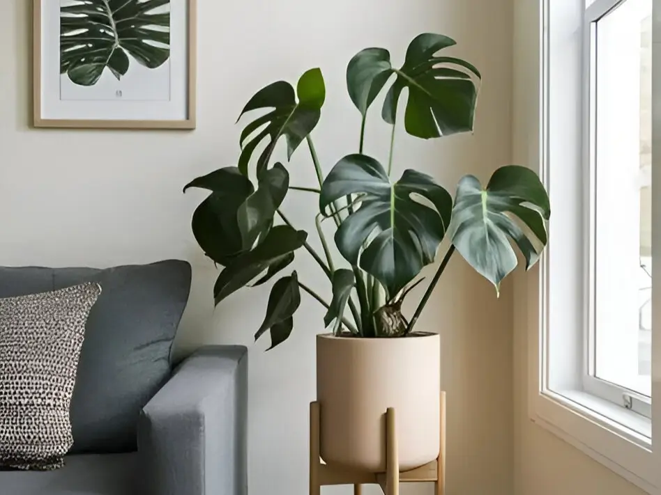 A medium-sized Monstera deliciosa in a light-colored pot on a wooden stand, integrated into a minimalist living room design.