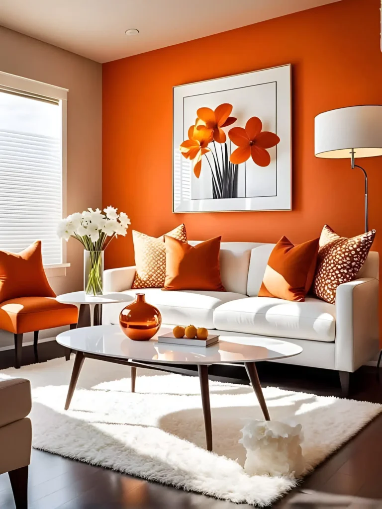 A striking orange accent wall energizes this modern living room, while white furnishings provide a calming contrast.