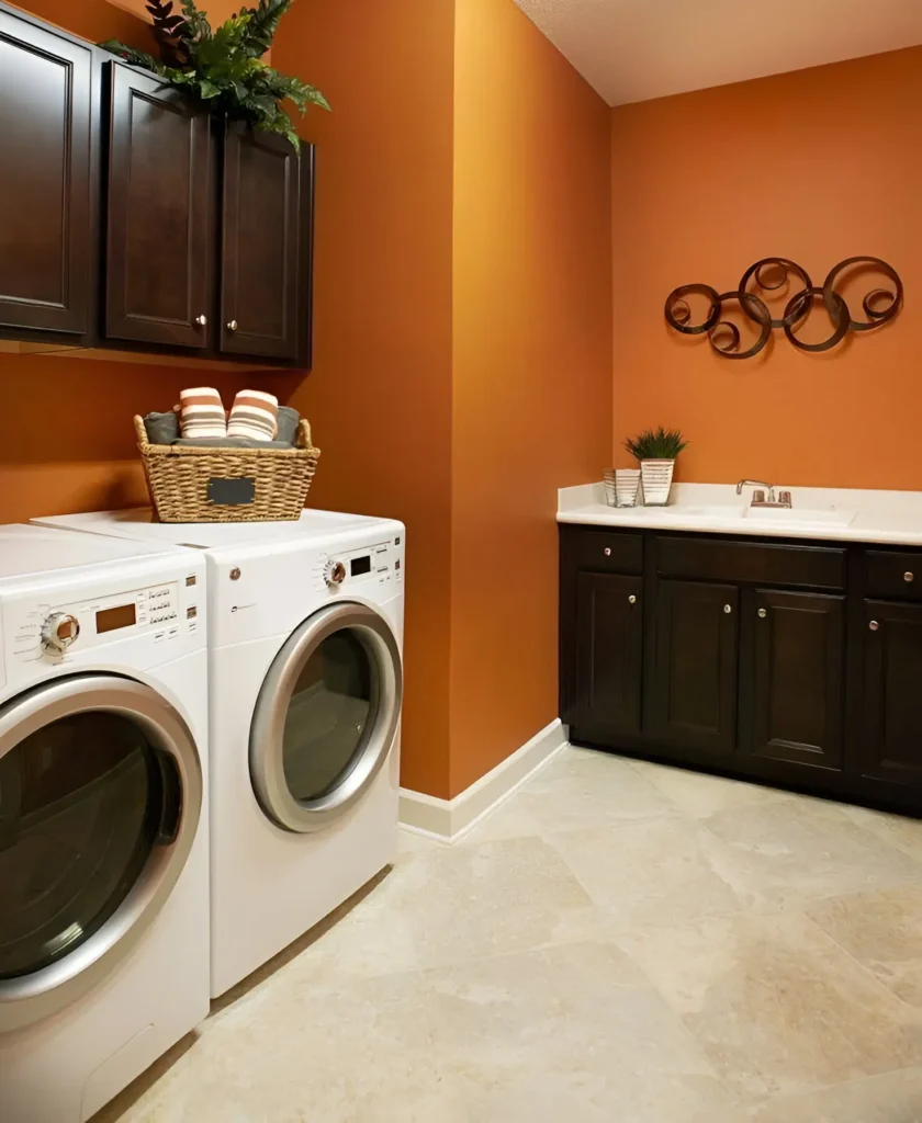 Laundry room with warm orange walls, dark brown cabinetry, white washer and dryer, a white countertop with a sink, and light-colored tile flooring.